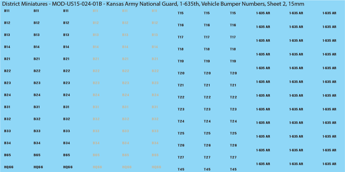 Modern US - Kansas Army National Guard, 1-635th (Multiple Options), 15mm Decals
