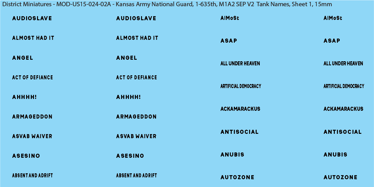 Modern US - Kansas Army National Guard, 1-635th (Multiple Options), 15mm Decals