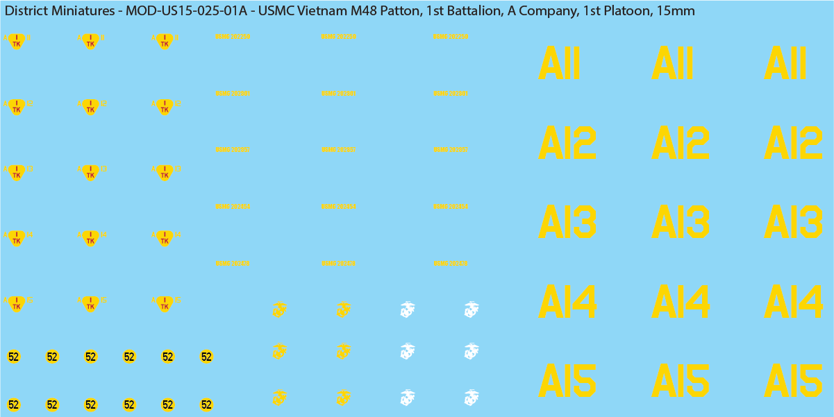 USMC Vietnam M48 Patton Battalion & Company Markings (Multiple Options), 15mm Decals