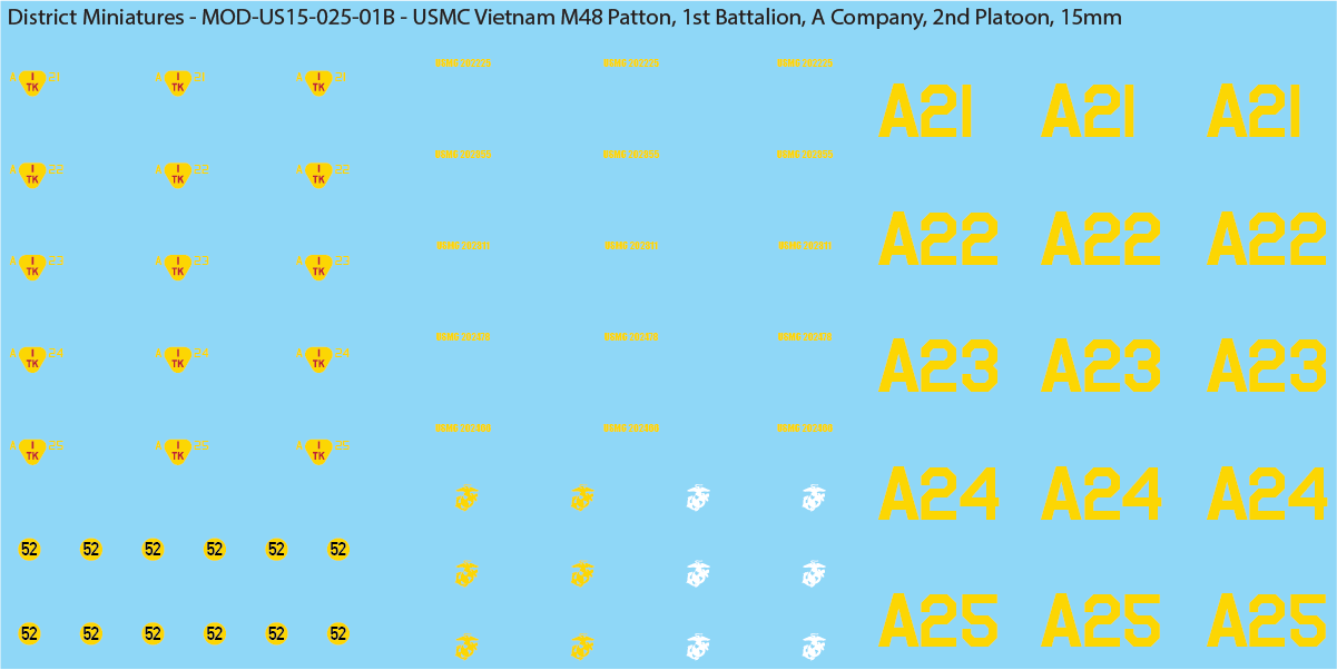 USMC Vietnam M48 Patton Battalion & Company Markings (Multiple Options), 15mm Decals