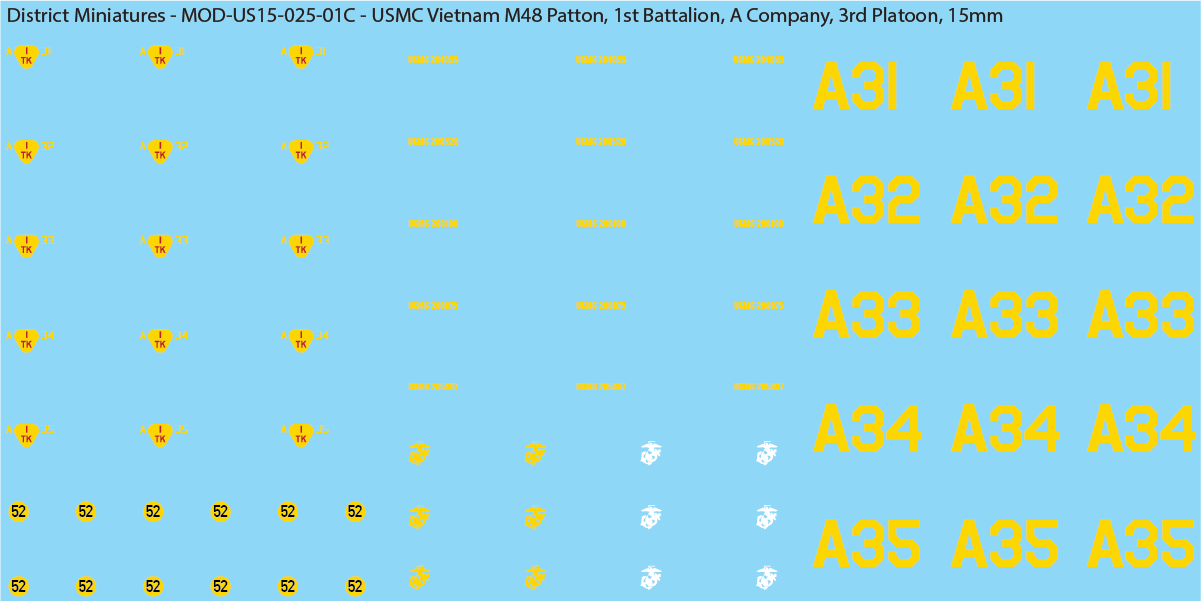 USMC Vietnam M48 Patton Battalion & Company Markings (Multiple Options), 15mm Decals