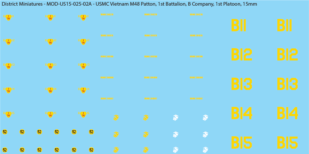 USMC Vietnam M48 Patton Battalion & Company Markings (Multiple Options), 15mm Decals