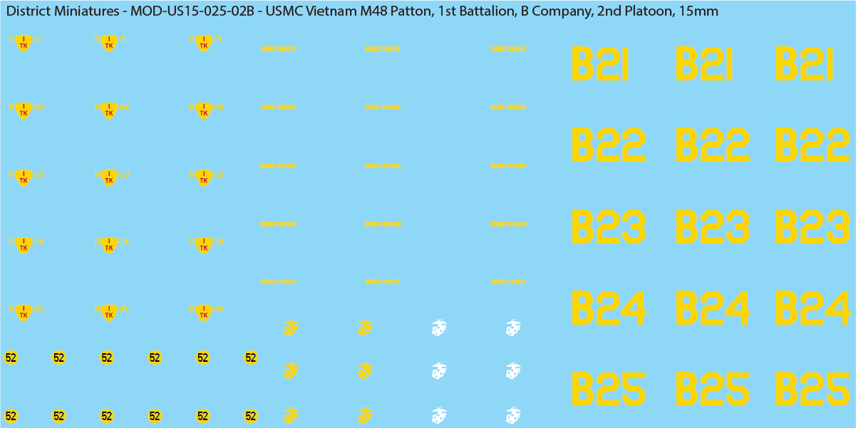 USMC Vietnam M48 Patton Battalion & Company Markings (Multiple Options), 15mm Decals