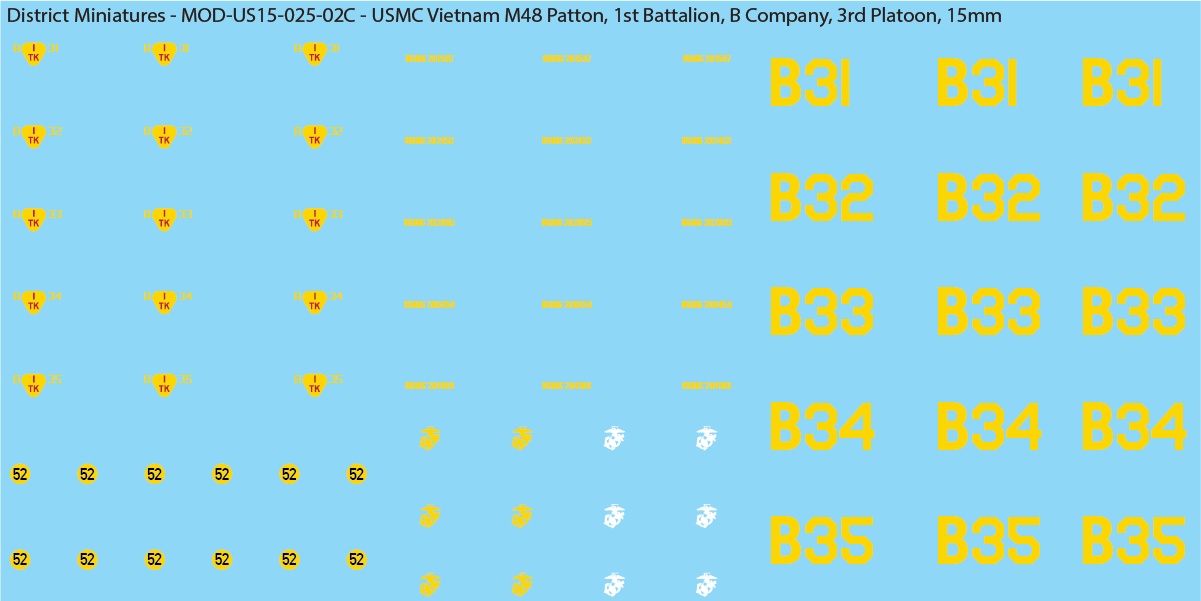 USMC Vietnam M48 Patton Battalion & Company Markings (Multiple Options), 15mm Decals