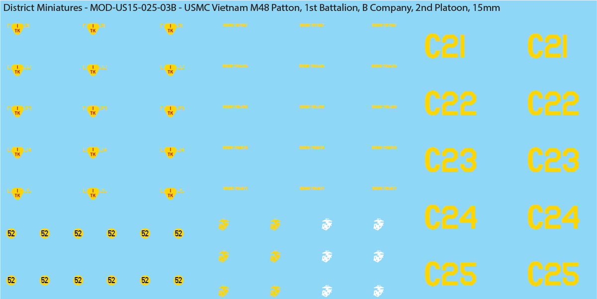 USMC Vietnam M48 Patton Battalion & Company Markings (Multiple Options), 15mm Decals