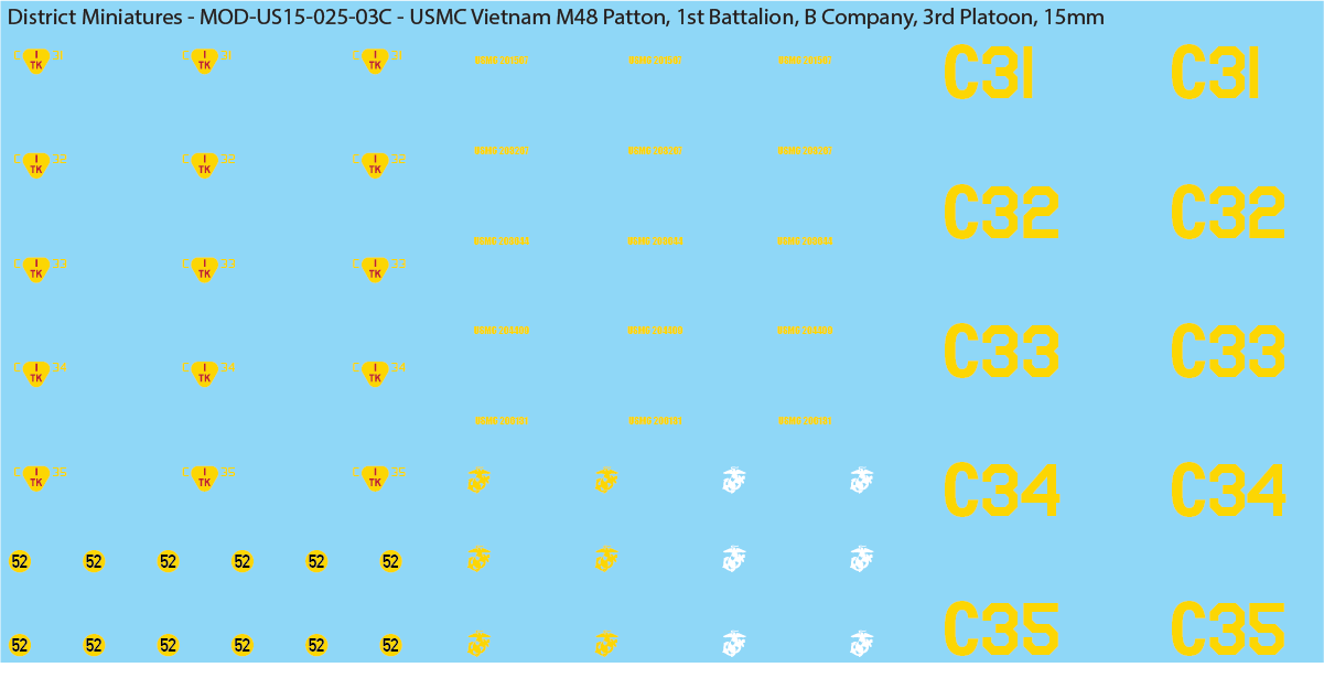USMC Vietnam M48 Patton Battalion & Company Markings (Multiple Options), 15mm Decals