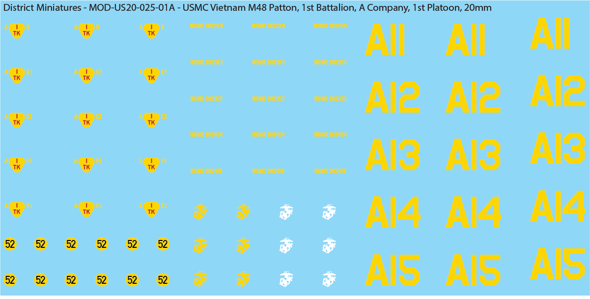 USMC Vietnam M48 Patton Battalion & Company Markings (Multiple Options), 20mm Decals