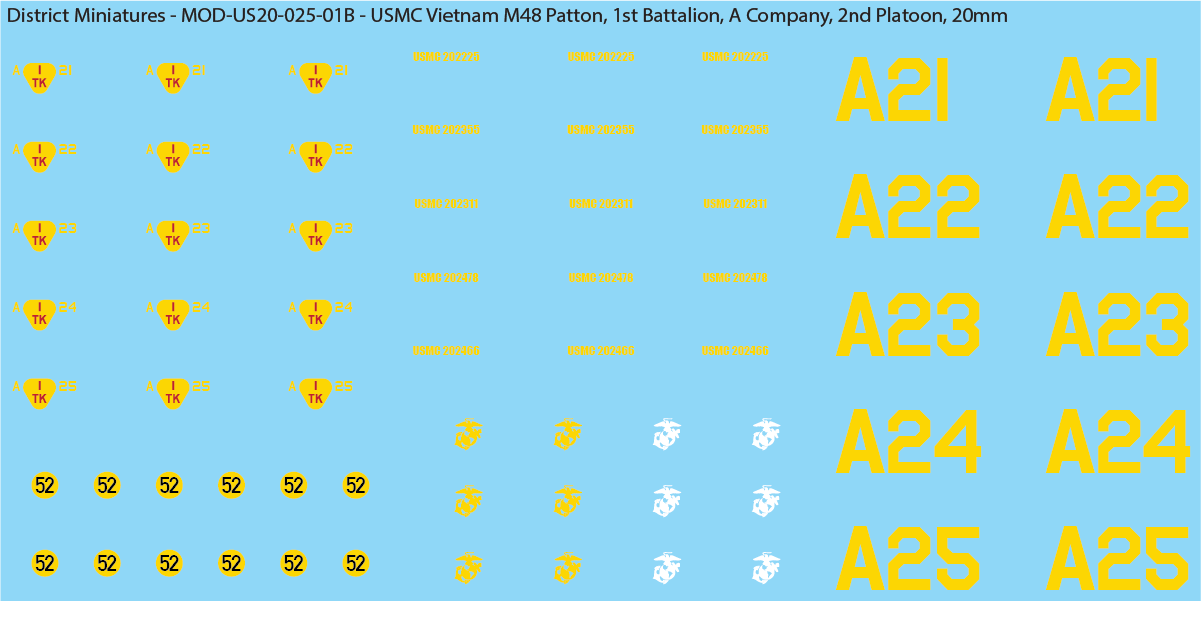 USMC Vietnam M48 Patton Battalion & Company Markings (Multiple Options), 20mm Decals