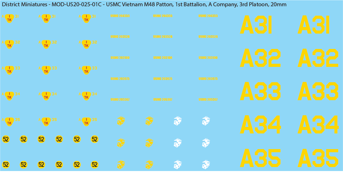USMC Vietnam M48 Patton Battalion & Company Markings (Multiple Options), 20mm Decals
