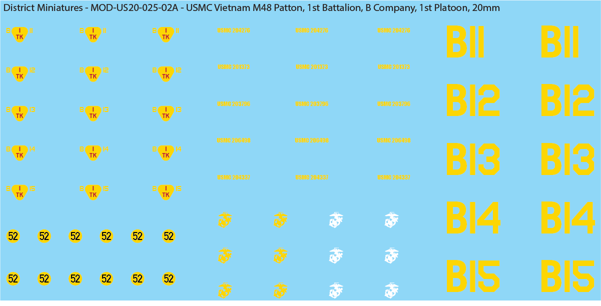 USMC Vietnam M48 Patton Battalion & Company Markings (Multiple Options), 20mm Decals