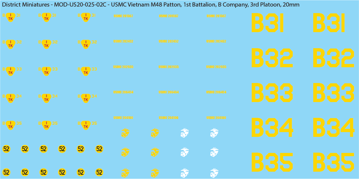USMC Vietnam M48 Patton Battalion & Company Markings (Multiple Options), 20mm Decals