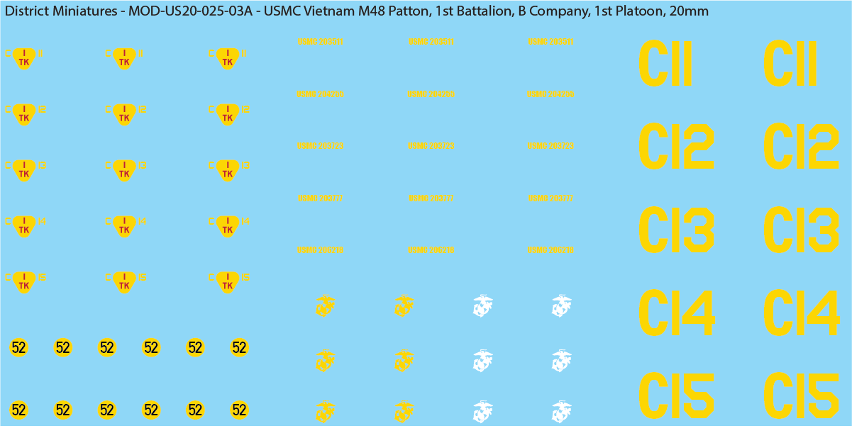 USMC Vietnam M48 Patton Battalion & Company Markings (Multiple Options), 20mm Decals