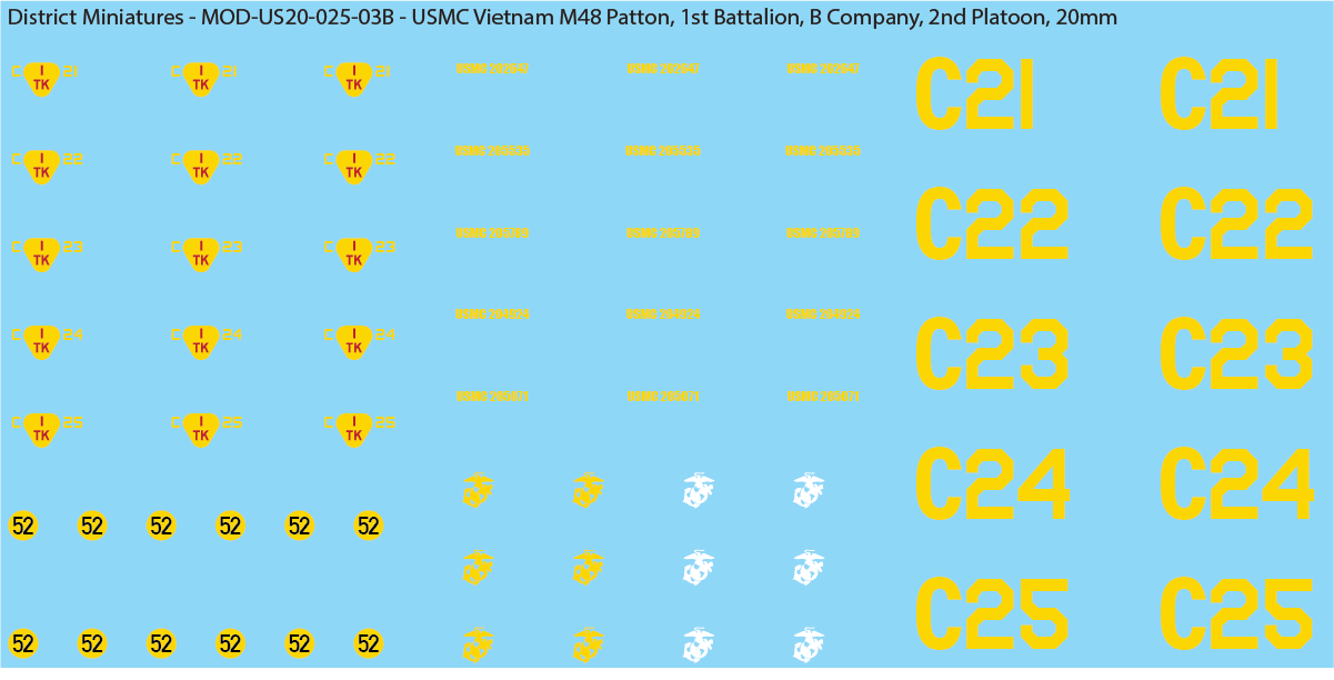 USMC Vietnam M48 Patton Battalion & Company Markings (Multiple Options), 20mm Decals