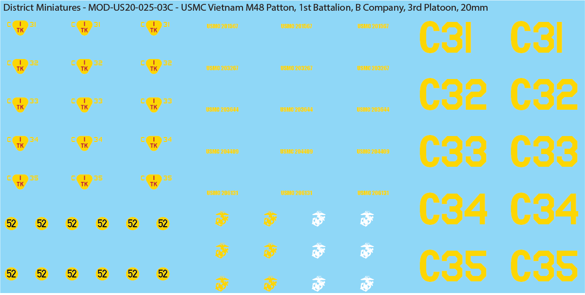 USMC Vietnam M48 Patton Battalion & Company Markings (Multiple Options), 20mm Decals