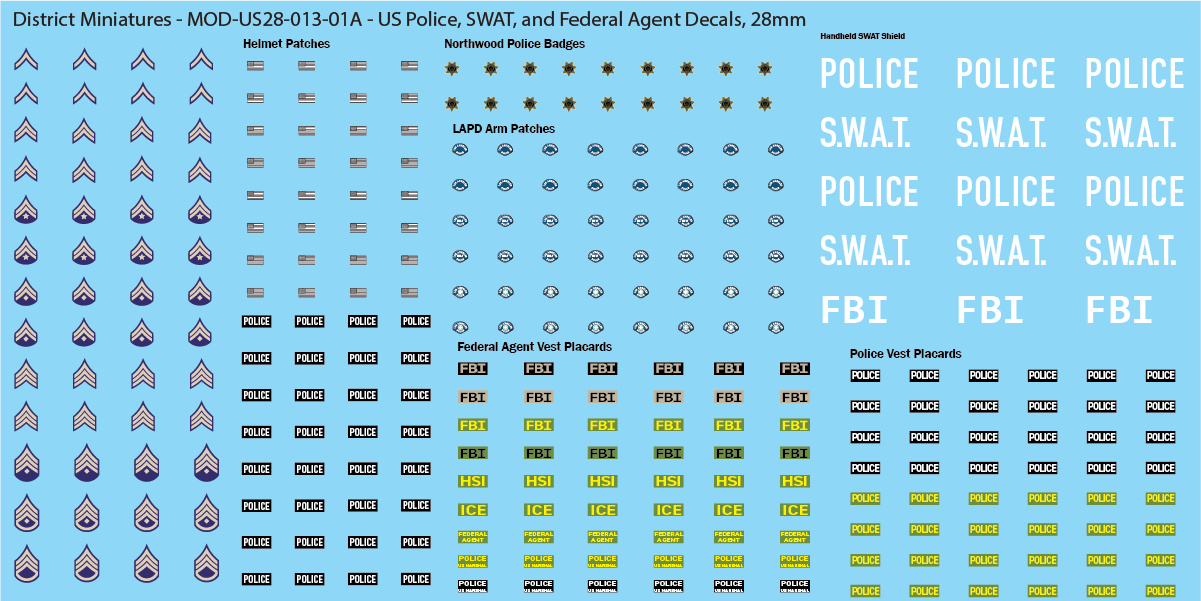 Generic Police Decals US Police, SWAT, and Federal Agent Decals, 28mm – District Miniatures