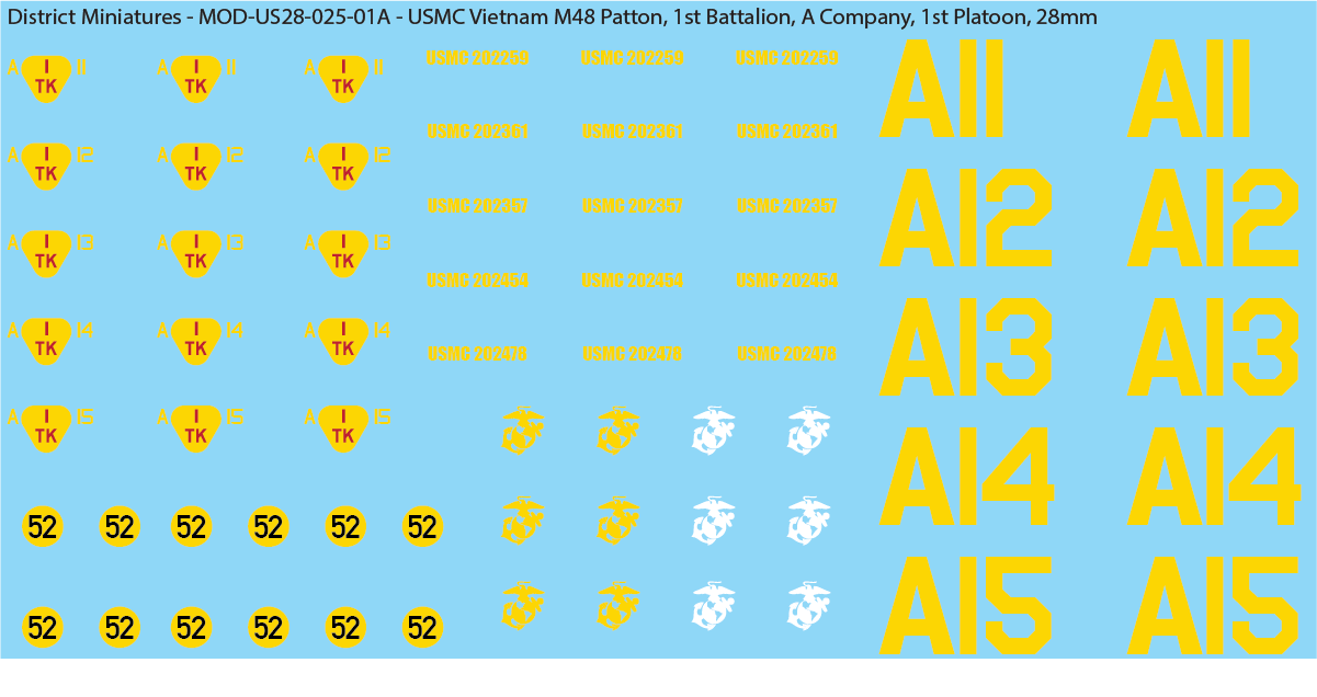 USMC Vietnam M48 Patton Battalion & Company Markings (Multiple Options), 28mm Decals