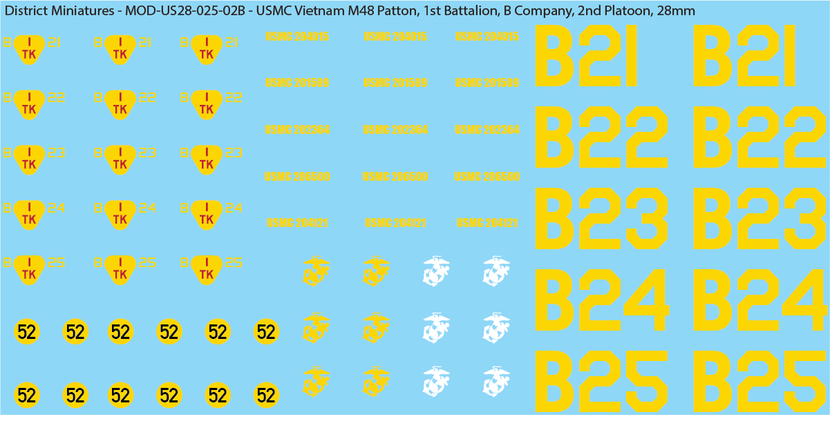 USMC Vietnam M48 Patton Battalion & Company Markings (Multiple Options), 28mm Decals