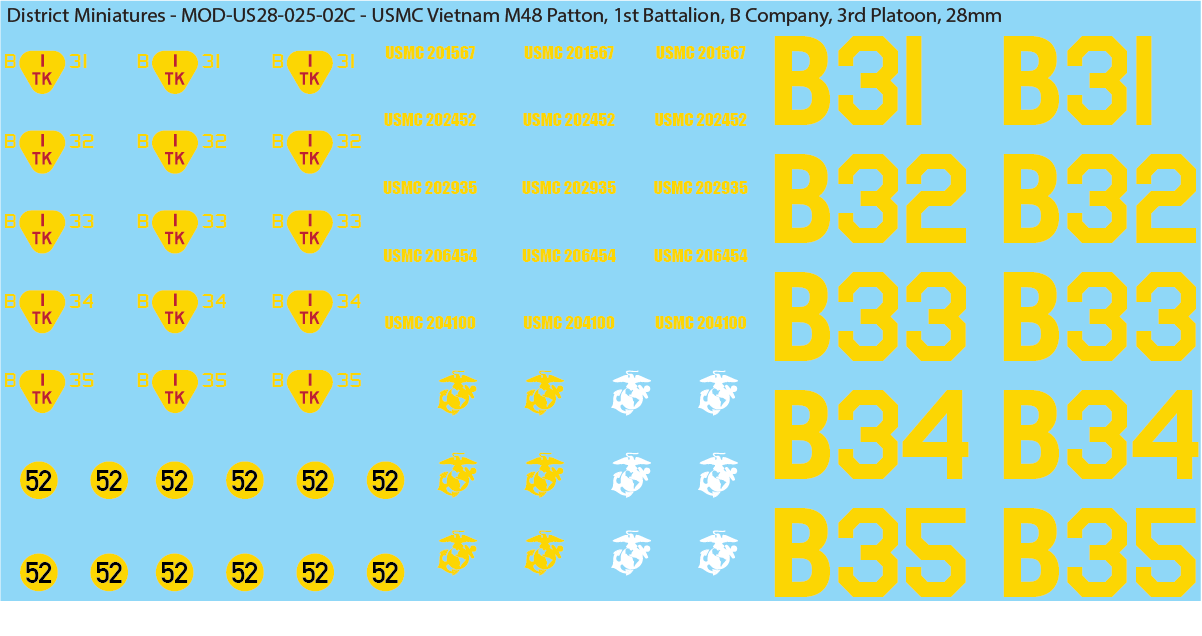 USMC Vietnam M48 Patton Battalion & Company Markings (Multiple Options), 28mm Decals