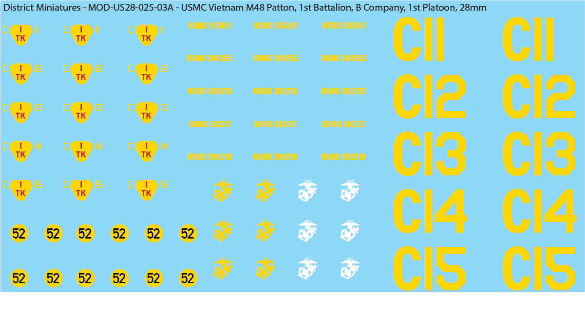 USMC Vietnam M48 Patton Battalion & Company Markings (Multiple Options), 28mm Decals