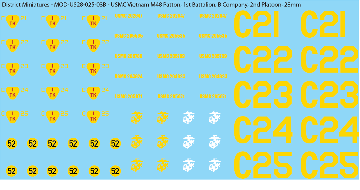 USMC Vietnam M48 Patton Battalion & Company Markings (Multiple Options), 28mm Decals