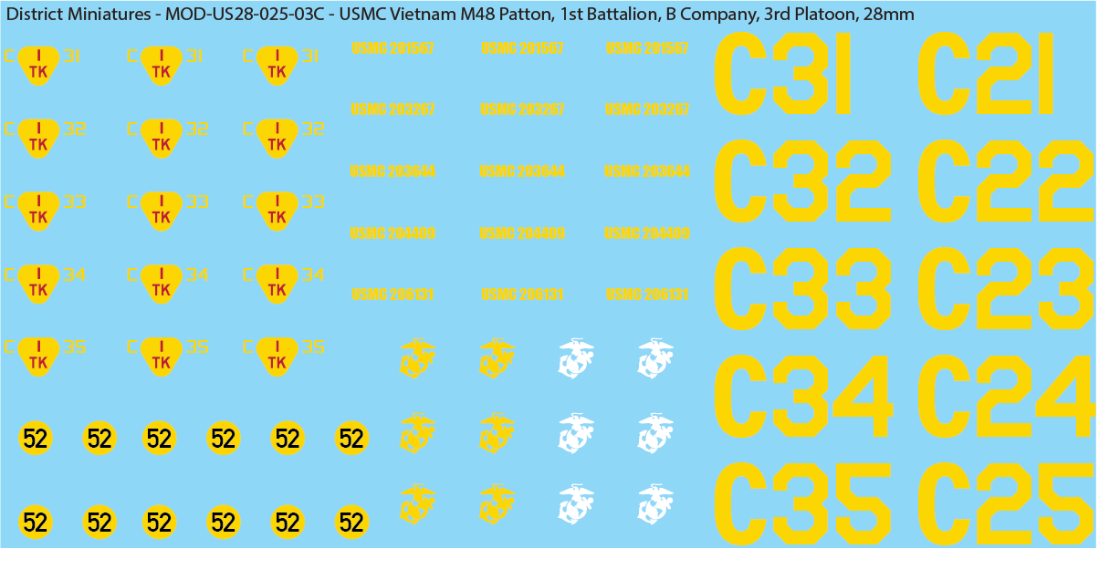 USMC Vietnam M48 Patton Battalion & Company Markings (Multiple Options), 28mm Decals