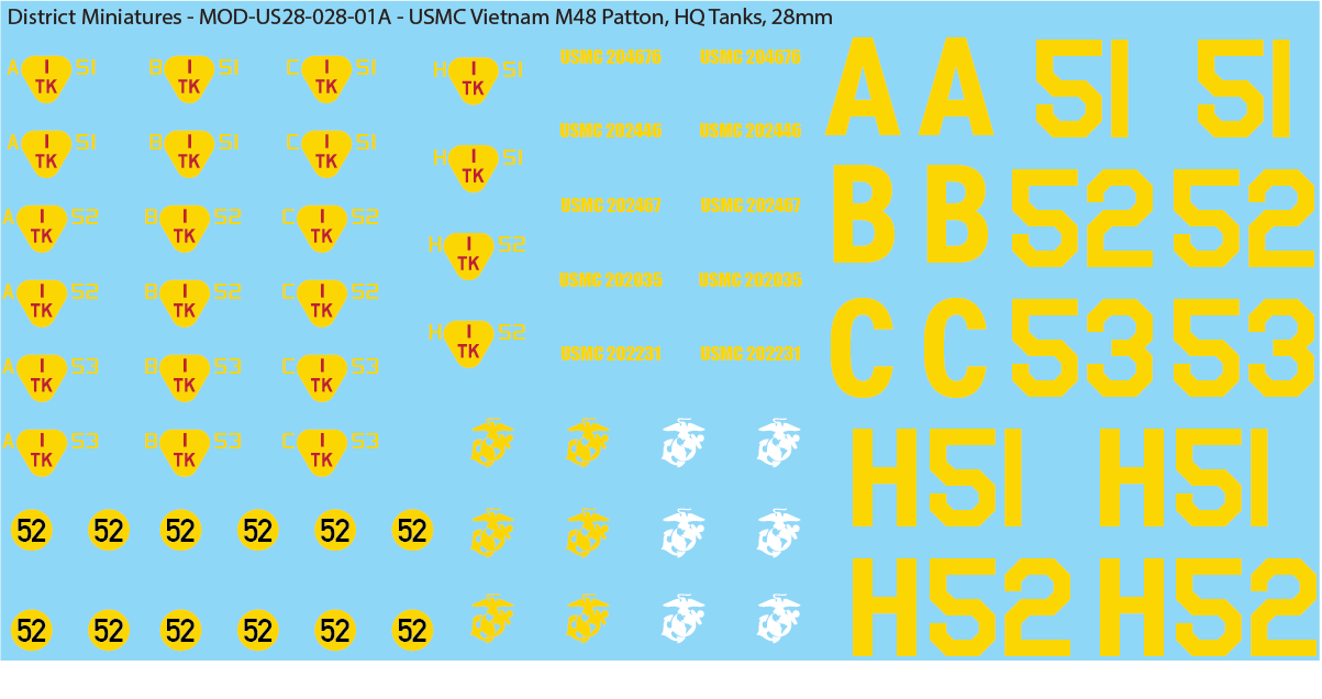 USMC Vietnam M48 Patton Battalion & Company Markings (Multiple Options), 28mm Decals