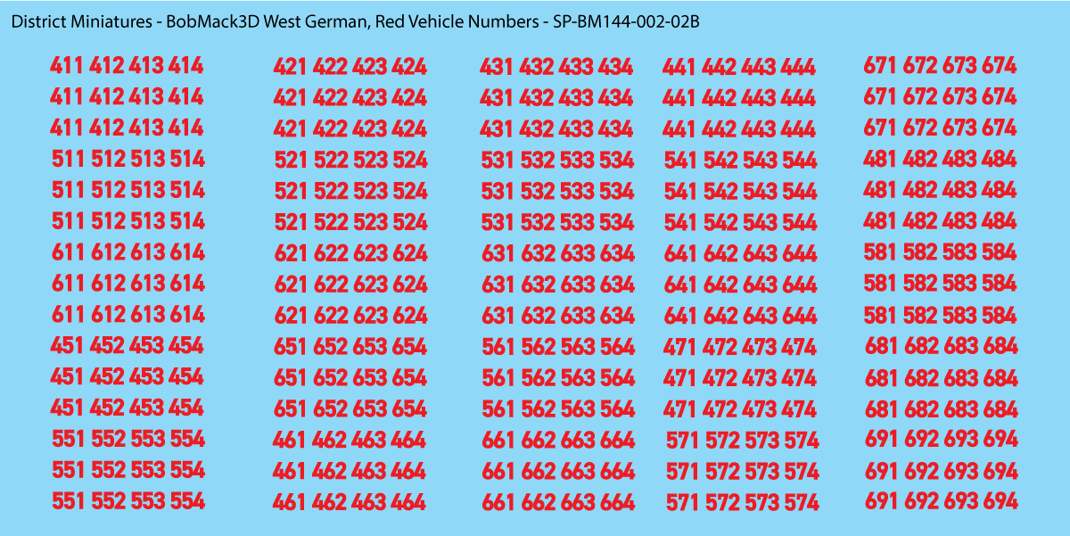 BobMack3D West German - Vehicle Numbers 1/144 Decals