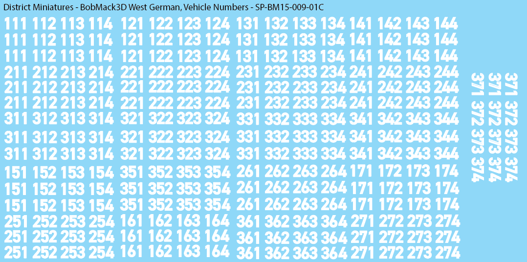 BobMack3D West German - Vehicle Numbers 15mm Decals