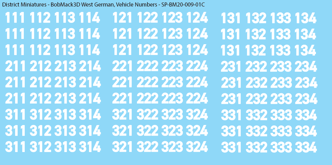 BobMack3D West German - Vehicle Numbers 20mm Decals