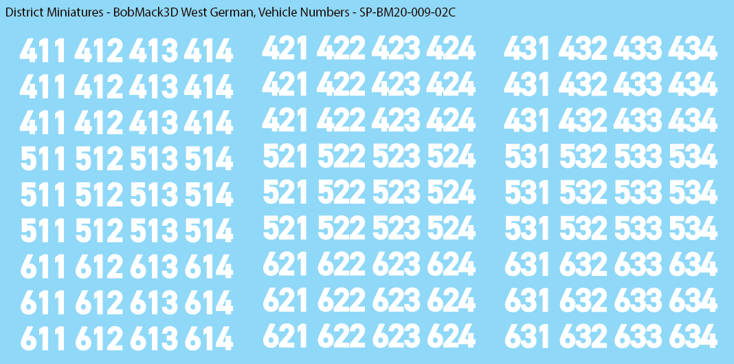 BobMack3D West German - Vehicle Numbers 20mm Decals