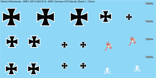 WW1 German A7V Decals, Sheet 1, Crosses and Mephisto, 15mm