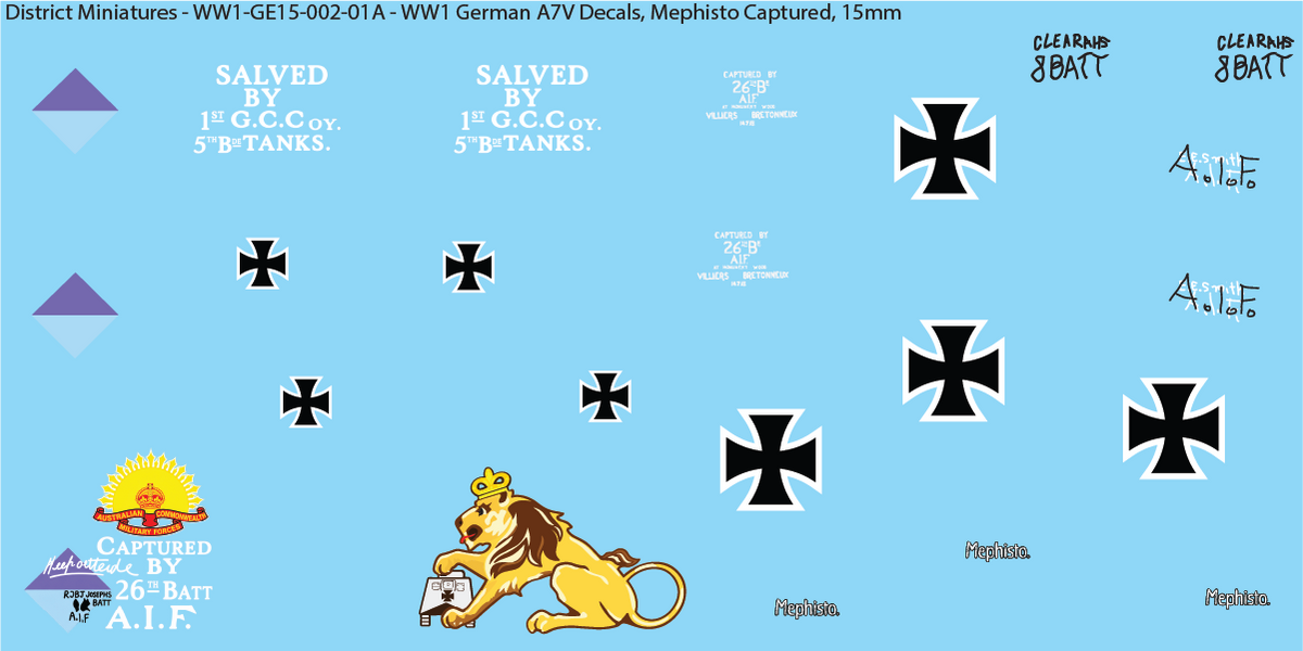 WW1 German A7V Decals, Sheet 1B, Mephisto Captured, 15mm