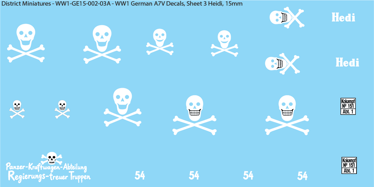 WW1 German A7V Decals, Sheet 3, Hedi, 15mm