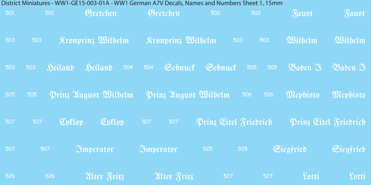 WW1 German A7V Decals, Names and Numbers Sheet 1, 15mm