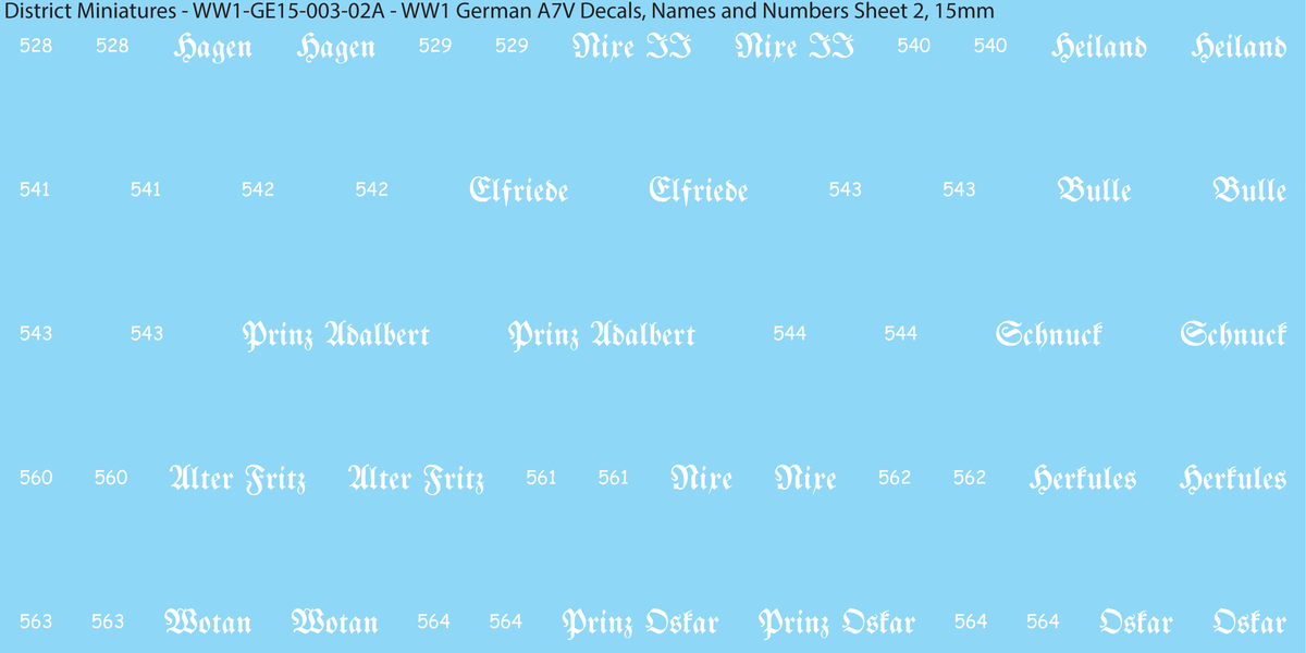 WW1 German A7V Decals, Names and Numbers Sheet 2, 15mm