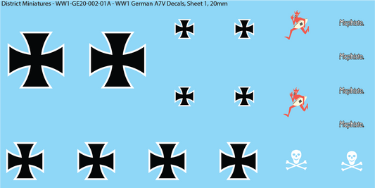 WW1 German A7V Decals, Sheet 1, Crosses and Mephisto, 20mm