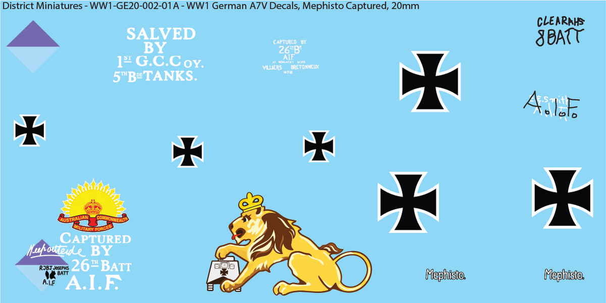 WW1 German A7V Decals, Sheet 1B, Mephisto Captured, 20mm