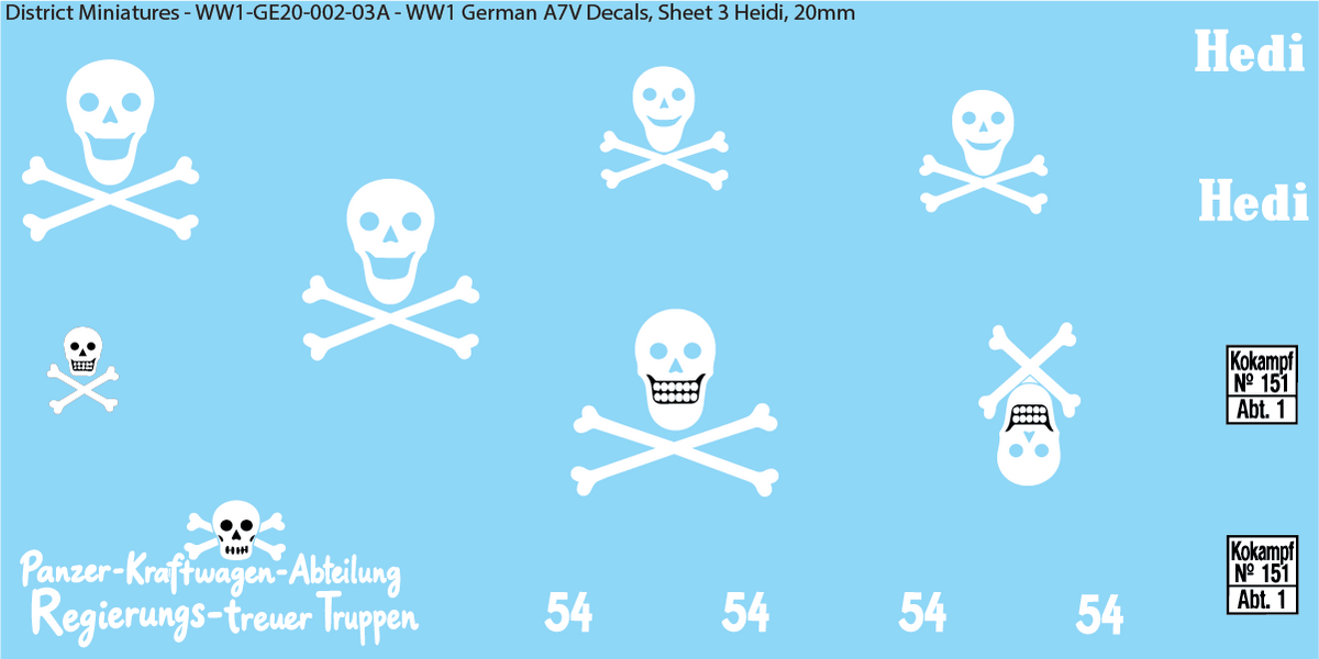 WW1 German A7V Decals, Sheet 3, Hedi, 20mm