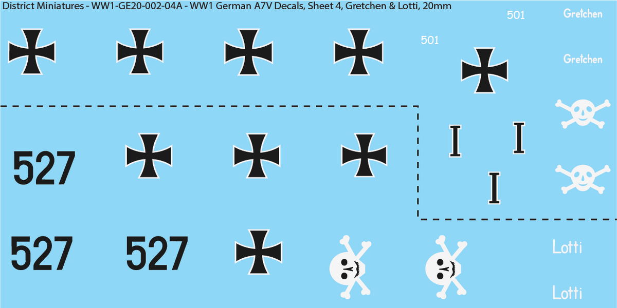 WW1 German A7V Decals, Sheet 4, Gretchen and Lotti, 20mm