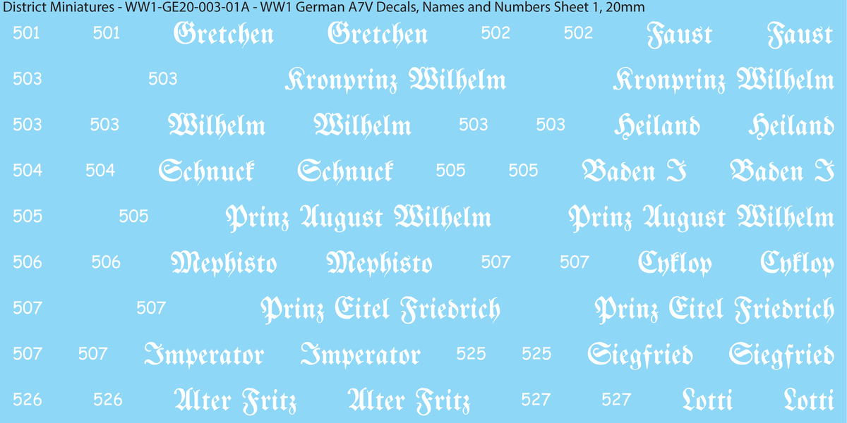 WW1 German A7V Decals, Names and Numbers Sheet 1, 20mm