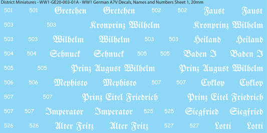 WW1 German A7V Decals, Names and Numbers Sheet 1, 20mm