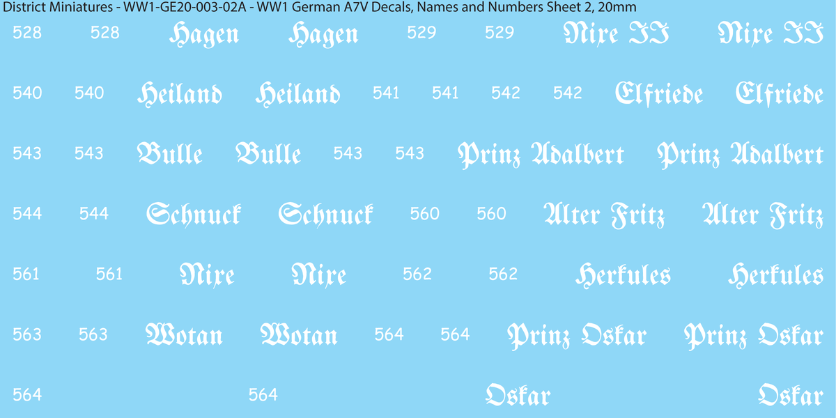 WW1 German A7V Decals, Names and Numbers Sheet 2, 20mm
