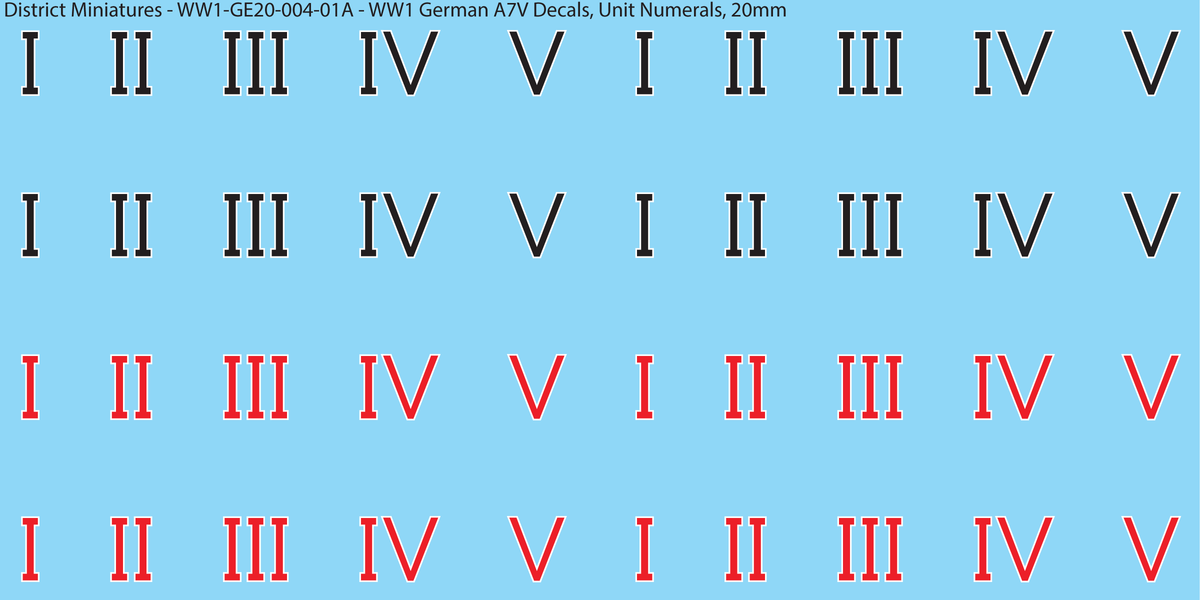 WW1 German A7V Decals, Unit Numerals, 20mm