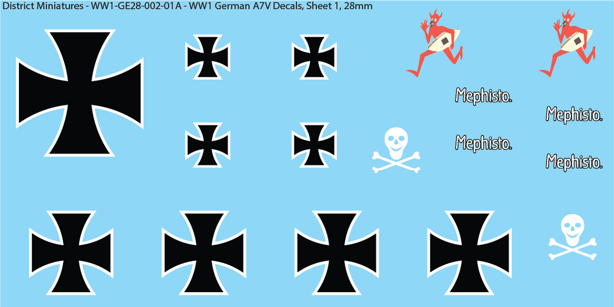 WW1 German A7V Decals, Sheet 1, Crosses and Mephisto, 28mm