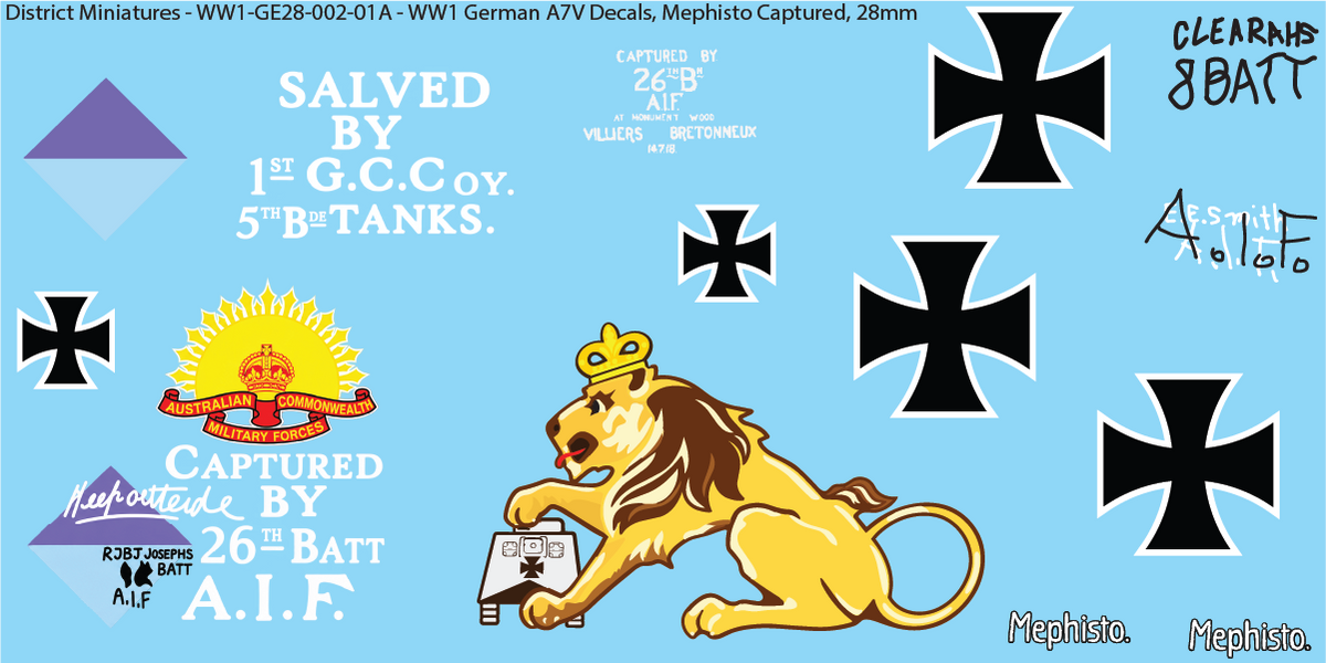 WW1 German A7V Decals, Sheet 1B, Mephisto Captured, 28mm