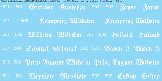 WW1 German A7V Decals, Names and Numbers Sheet 1, 28mm