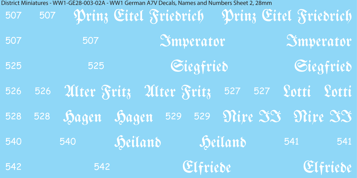 WW1 German A7V Decals, Names and Numbers Sheet 2, 28mm