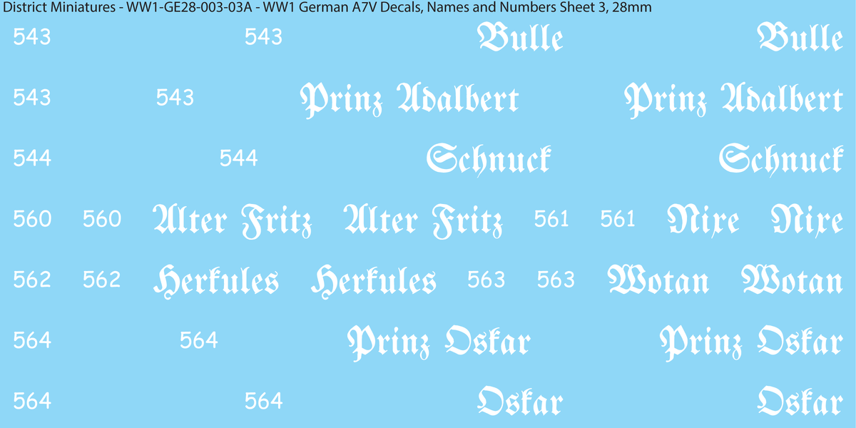 WW1 German A7V Decals, Names and Numbers Sheet 3, 28mm