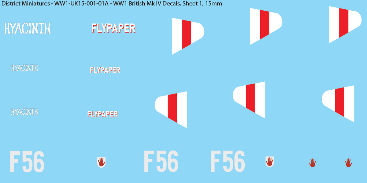 WW1 British Mk IV Decals, Sheet 1, Hyacinth and Fly Paper, 15mm