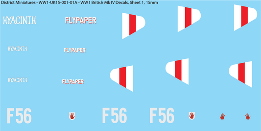 WW1 British Mk IV Decals, Sheet 1, Hyacinth and Fly Paper, 15mm